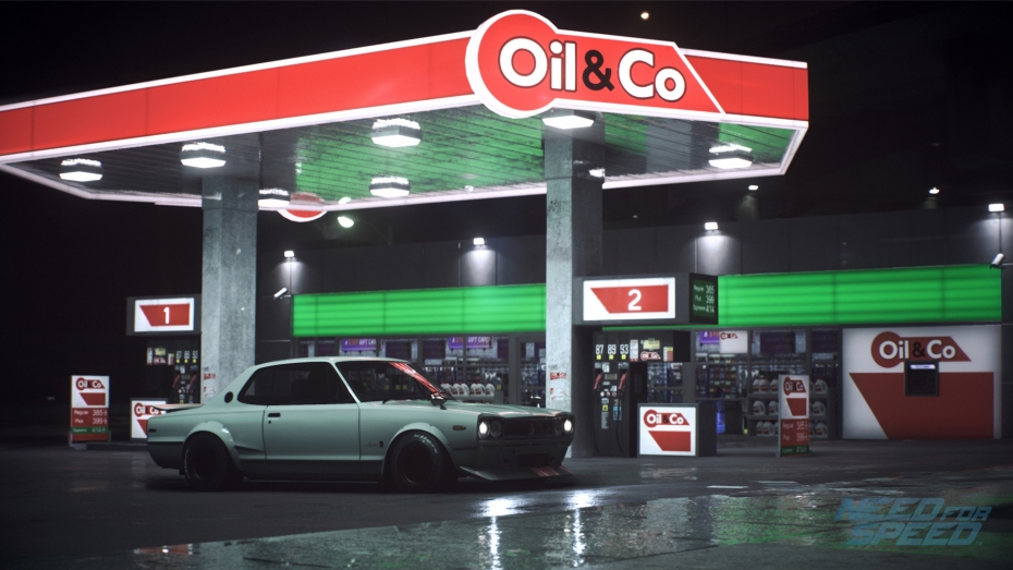 Need for Speed Nissan Skyline outside petrol station screenshot